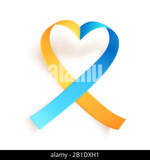 Herzförmiges blaugelbes Band über weißem Hintergrund. Vorlagensymbol für den Tag des World Down Syndroms. März 21. Vektorgrafiken. Stock Vektor