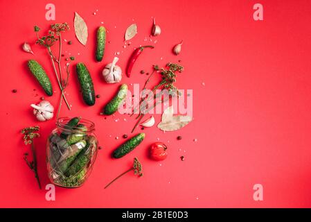 Gurken in Dosen beizen. Zutaten für marinierte Gherkins, Glasbecher, Knoblauch, Dill, Salz, Pfeffer auf rotem Grund. Draufsicht. Kopierbereich Stockfoto