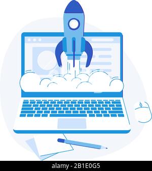 Starten des Laptops. Web Creative Strategy Success Launch Rocket Logo, Business Solutions Flat Vector Illustration Stock Vektor