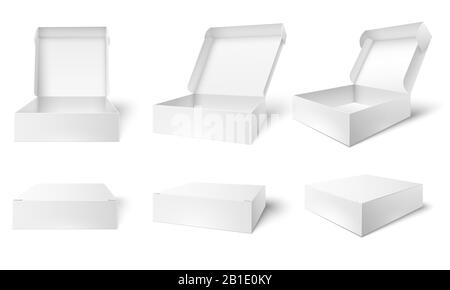 Verpackung öffnen. Leere Paketboxen, geöffnete und geschlossene weiße Pakete verpacken 3D-Vektorgrafiksatz Stock Vektor