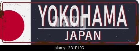 Yokohama Vintage Metallschild mit Japan Stadt. Reiseandenken auf grunge beschädigtem Hintergrund. Stock Vektor