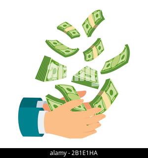 Hand, das Geld hält. Münzen und Banknoten fallen vom Himmel. Stock Vektor