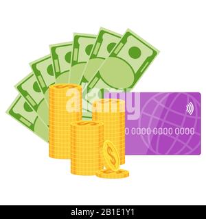 Verschiedene Arten von Geld. Metallische Goldmünzen, Papier-Banknoten Stock Vektor