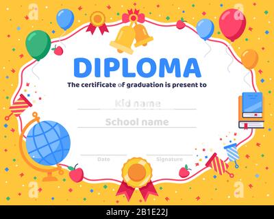 Diplomabschluss. Schulabschluss, Absolventen Glückwunsch und Vorschulkind- oder Kindergartenschein Vektor-Illustration Stock Vektor