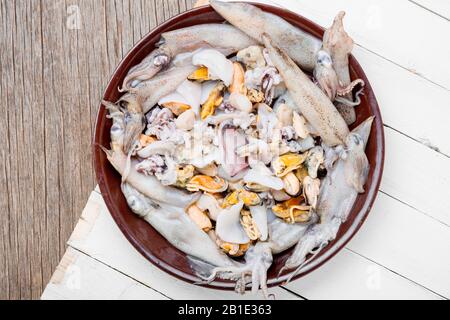 Rohe Meeresfrüchte mit frischen Muscheln, Muscheln, Tintenfisch und Garnelen Stockfoto