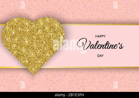Grußkarte zum Valentinstag. Festliche Karte für Einen Schönen Valentinstag. Rosafarbener Hintergrund mit goldenem Herz und Glitzer. Stock Vektor