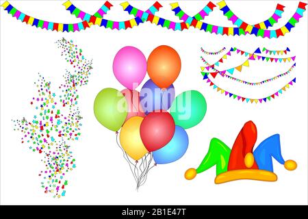 Partyelemente Set aus Konfetti, Papiergarlands, Ballons, Jesterhut, isoliert auf weißem Hintergrund.Weihnachtsobjekte zum Geburtstag, Banner, Placard.Vector Stock Vektor