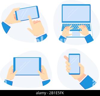 Halten Sie die Geräte in der Hand. Smartphone in den Händen halten, Laptop und Mobile Tablet Vektorgrafik-Set halten Stock Vektor