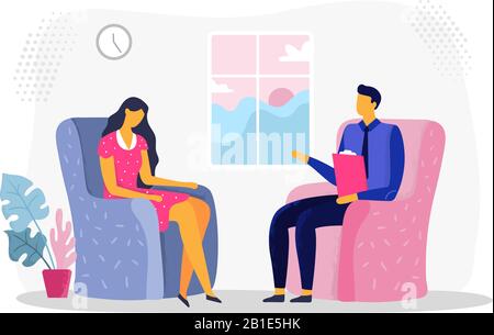 Weibliche Psychotherapiesitzung. Frau in Depressionen, Psychiatrie und psychologischer Therapie. Vektorgrafiken der Psychologieberatung Stock Vektor