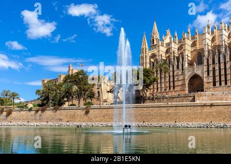 Brunnen und Kathedrale von Palma auf dem Hintergrund unter blauem Himmel in Palma de Mallorca, Spanien. Stockfoto