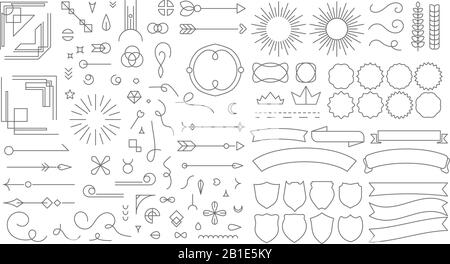 Retro-Line-Emblem-Elemente. Klassische dekorative Zeichenabzeichen, gefütterte Trennelemente im alten Stil und Vektorlinien mit Rahmen Stock Vektor