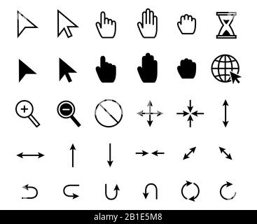 Cursorsymbole. Web-Zeiger Klicken, Skalierpfeil und Lupe Symbol. Greifhand, Zeigepfeile und Sanduhr-Ladevektor eingestellt Stock Vektor