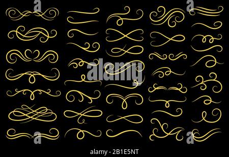 Schmuck aus Vintage-Wirbeln. Dekorativer goldener Zierwirbel, mittelalterlichen Motiv-Locken und goldener filigraner Verzierungen Teilervektor-Satz Stock Vektor