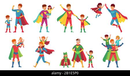 Cartoon Vater Superheld. Happy Fathers Day, Super-Eltern mit Kindern und Helden Papa Vektorgrafiken Stock Vektor