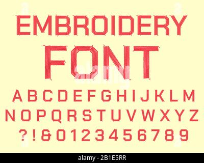 Nähstickerei Alphabet. Gestickte Buchstaben aus Stoff, Vintage-Textilschrift und Stoffe nähen Fadenbuchstaben-Vektorsymbole ein Stock Vektor