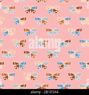 Schmetterlingsformen in blauem Rost und Gelb auf einem pinsel rosa Hintergrund nahtloses Vektormuster Stock Vektor