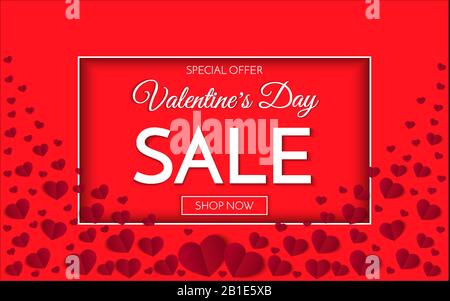 Vorlage für Banner zum Verkauf am Valentinstag. Verkaufsplaster des Valentinstages mit vielen roten Herzen Stock Vektor