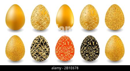 Set mit Ostereiern. Goldene, schwarze und rote Ostereier für Grußkarte, Werbung, Promotion, Poster, Flyer, Web-Banner. Goldene Eier isoliert auf Weiß Stock Vektor