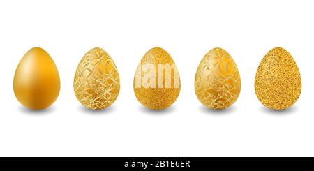 Set mit Ostereiern. Goldene Ostereier für Grußkarte, Werbeanzeige, Werbeaktion, Poster, Flyer, Webbanner. Goldene Eier isoliert auf weißem Hintergrund. Stock Vektor