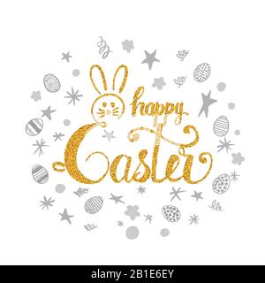 Frohe Ostern Grußkarte. Fröhlicher Oster-Schriftzug isoliert auf weißem Hintergrund. Stock Vektor