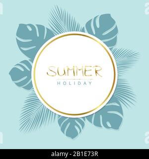 Sommerurlaub Sonderangebot Etikett auf Palmblatt mit goldenem Rand Vektorgrafiken EPS10 Stock Vektor