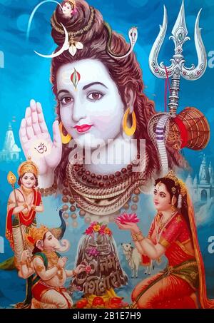 Gott Shiva Schlange und Dame Saraswati Pfau heiliger Elefant Ganasha hinduismus Abbildung blau Stockfoto