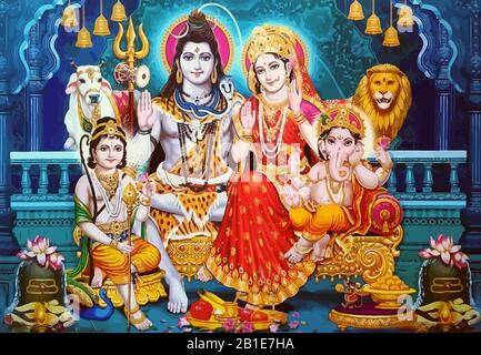 Dame Saraswati und gott Shiva heiliger Elefant Ganasha hinduismus Löwen-Illustration Stockfoto