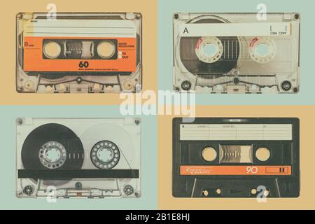 Retro-stylisches Bild von vier alten Audio-Kompaktkassetten Stockfoto