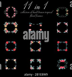Große tropische Kollektion handgezeichneter Blumenrahmen. Abbildung: Jungle Laub. Blumenset. Handzeichnung. Großer Vektorsatz, isoliert. Natürliche Feder mit Stock Vektor