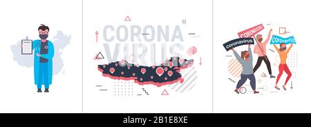 Set Epidemic MERS-COV Coronavirus Infektion wuhan 2019-nCoV Pandemie Gesundheitsrisiken Konzepte Sammlung horizontale vollständige Vektordarstellung Stock Vektor