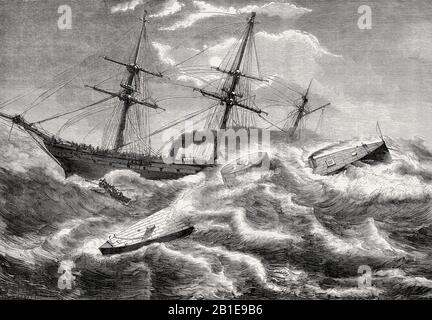 Untergang des ironbezungten Kriegsschiffs USS Monitor, Schlacht von Hampton Roads, amerikanischer Bürgerkrieg, im Jahr 1862