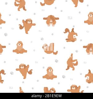 Yoga-Hunde stellen und trainieren ein nahtloses Muster. Cockapoo Clipart. Vektorgrafiken Stock Vektor