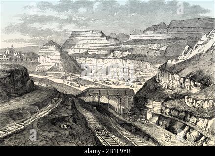 Baustelle des Parc des Buttes Chaumont, einem öffentlichen Park in Paris, Frankreich, 19. Jahrhundert Stockfoto