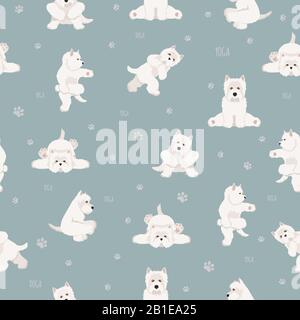 Yoga-Hunde stellen und trainieren ein nahtloses Muster. Clipart von West Highland White Terrier. Vektorgrafiken Stock Vektor