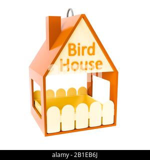 3D-Computergrafik, Vogelhaus in beigen und braunen Farben vor weißem Hintergrund Stockfoto