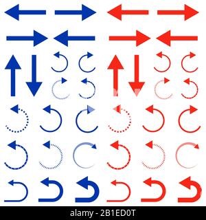 Blaue und rote Pfeile. Pfeilsammlung. Grafische Designelemente. Verschiedene Pfeile isoliert auf weißem Hintergrund. Stock Vektor