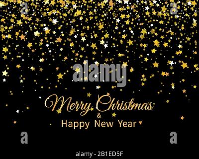 2020 Frohe Weihnachten und Frohes neues Jahr. Goldene Sterne und Text auf dunklem Hintergrund. Grußkarte für das neue Jahr 2020. Stock Vektor