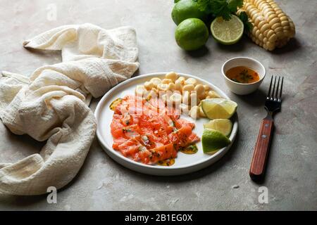 Tiradito de Lachs - peruanisches Gericht mit rohem Fisch, Carpaccio Stockfoto