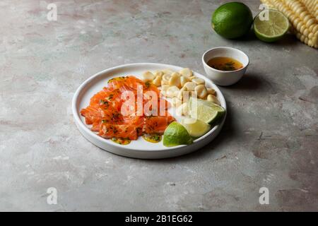 Tiradito de Lachs - peruanisches Gericht mit rohem Fisch, Carpaccio Stockfoto