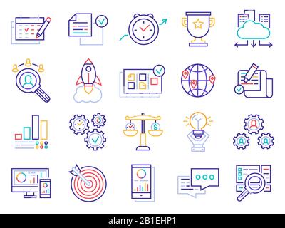 Symbole für Geschäftslinien. Geldinvestitionsmanagement, Ziel von Geschäftsprojektprojekten und Analyse-Symbol-Vektorsatz Stock Vektor
