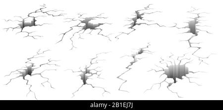 Risse im Boden. Erdbebenriss, Bohrungseffekt und gerissene, auf der Oberfläche isolierte Vektorgrafik-Set Stock Vektor