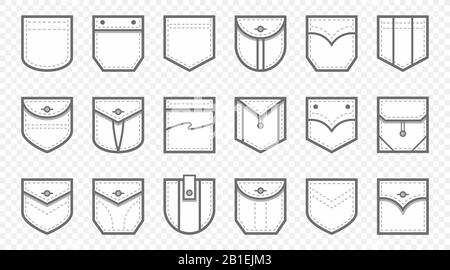 Aufgesetzte Tasche. Uniformkleidung Taschen Flecken mit Naht, gepatschter Denim-Taschenlinie Icon Vector Set Stock Vektor