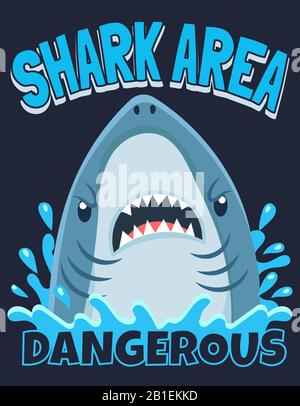 Plakat mit Haifischbereich. Attack Haie, Ozeantauchen und Meer Surf Warnung Cartoon Vektor Illustration Stock Vektor