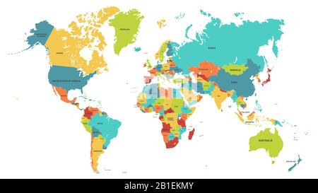 Farbige Weltkarte. Politische Karten, bunte Weltländer und Landesnamen Vektorgrafiken Stock Vektor