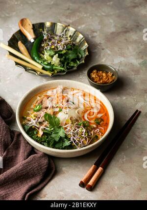 Bun Bo Hue, Bun Bo, vietnamesische Nudelsuppe würzig. Schüssel mit Rindfleisch und Reisvermicelli-Suppe, vietnamesische Nudelküche in Hue Stockfoto