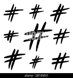 Handgezeichnete Hashtag-Schilder isoliert auf weißem Hintergrund. Trendige Grunge-Kommunikationszeichen für Logo, Blog, soziales Netzwerk, Internetanwendung. Schwarz Stock Vektor