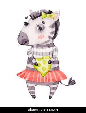 Aquarell Kindergarten niedlich Baby Zebra Mädchen, süß Cartoon Zebra isoliert auf weiß, Mode Kind vwatercolor, skandinavische Illustration für T-Shirt, Stockfoto