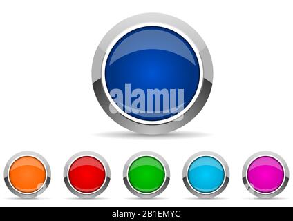 Set mit silberfarbenen Metallic-Chromrahmen-Webschaltflächen in 6 Farboptionen, Vorlage für Vektorsymbole Stock Vektor