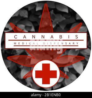 Marihuana/Cannabis Dispensary Logo Design. Kreisförmiges Logo mit schwarz, weiß und rot-farbigem Design. Stockfoto