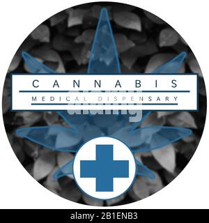 Marihuana/Cannabis Dispensary Logo Design. Kreisförmiges Logo mit schwarz, weiß und blau-farbigem Design. Stockfoto